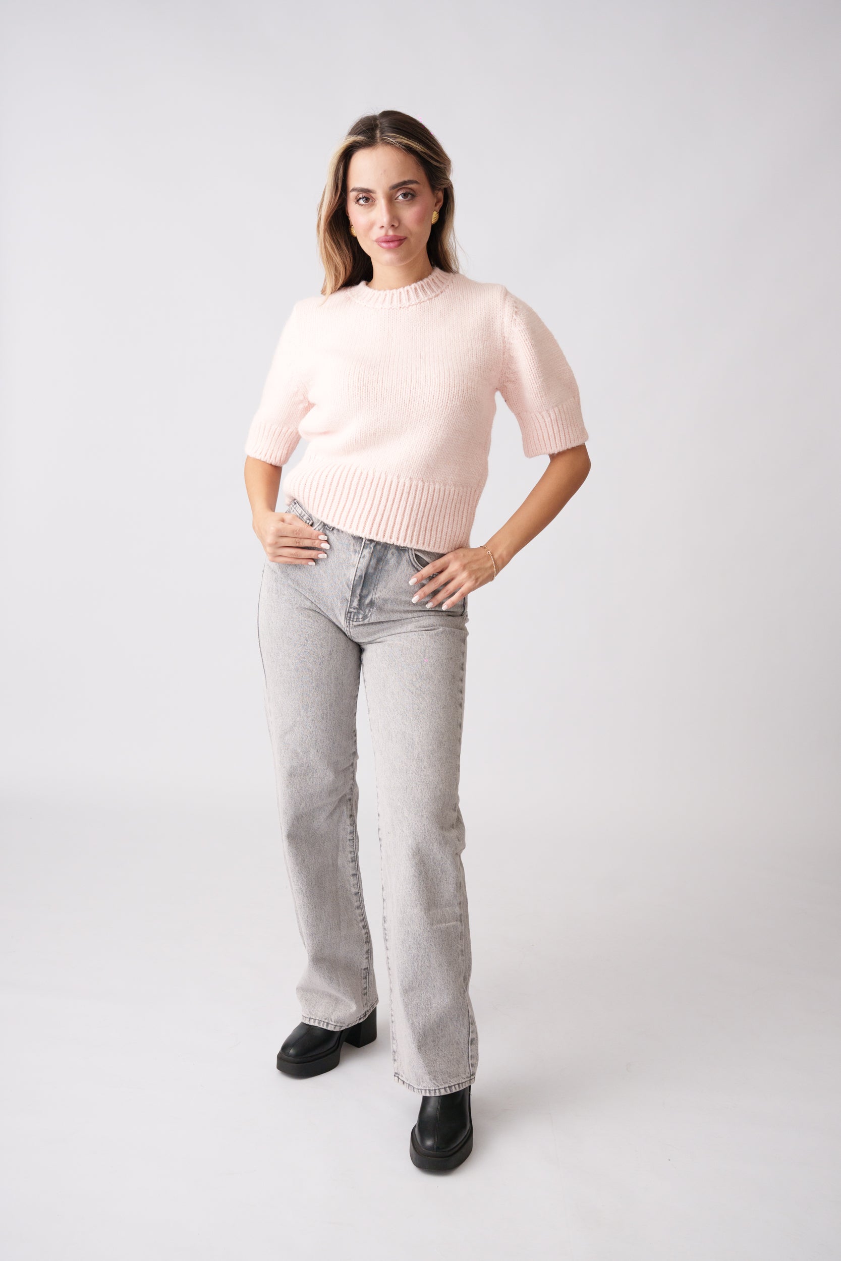 Ribbed Knit Short Sleeve Sweater – Baby Pink