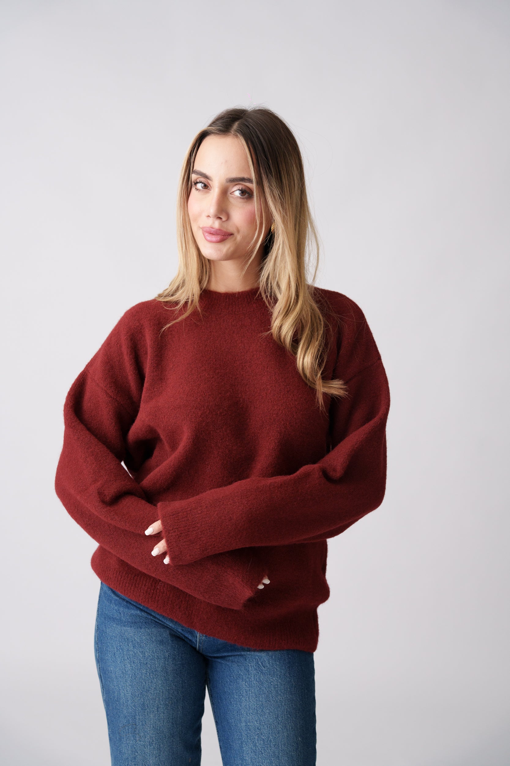 Soft Brushed Knit Sweater – Burgundy