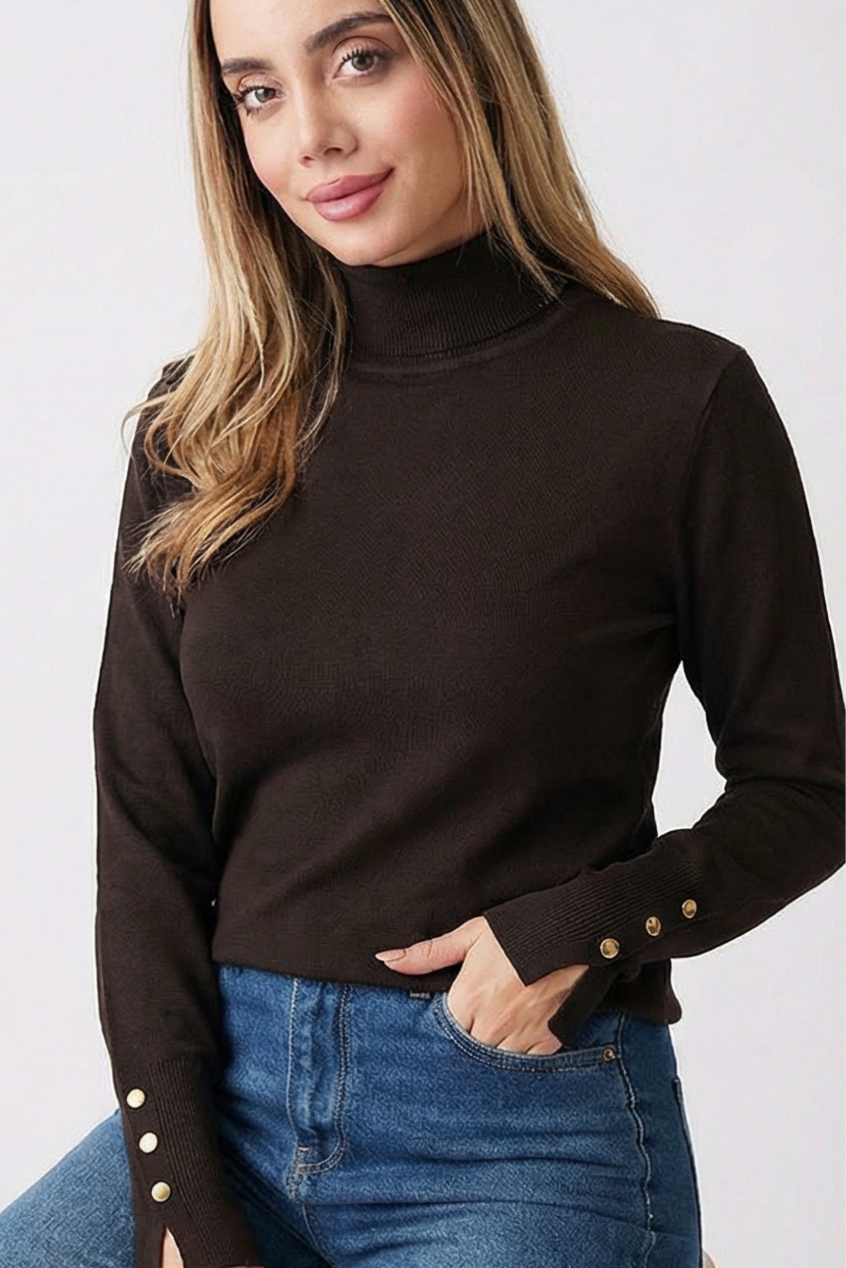 High Neck Button Detail Knit Top – Brown