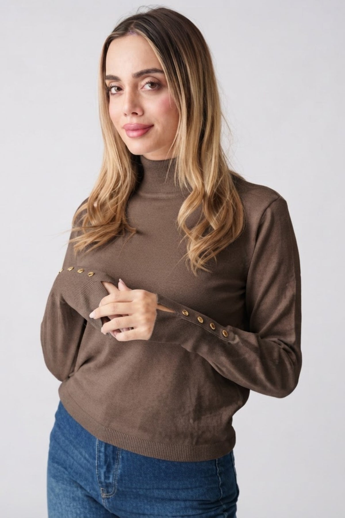 High Neck Button Detail Knit Top