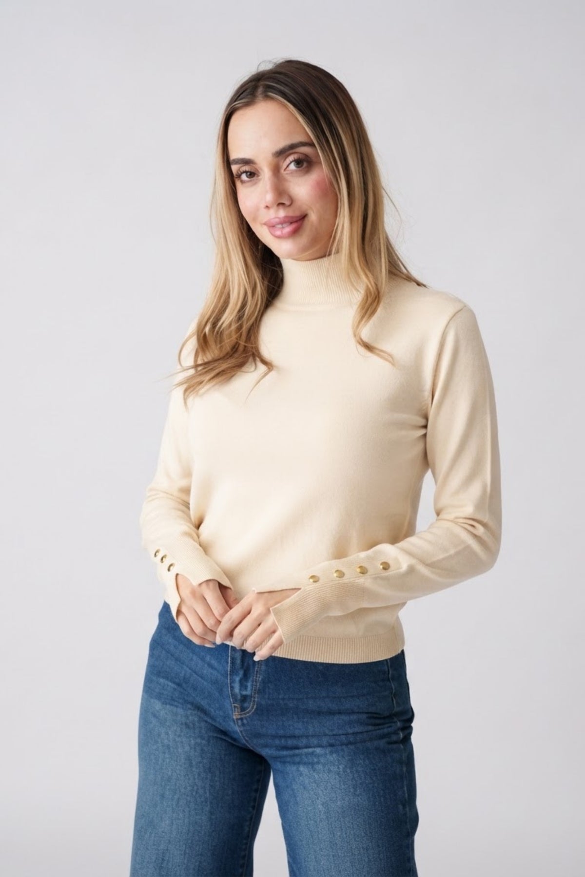 High Neck Button Detail Knit Top