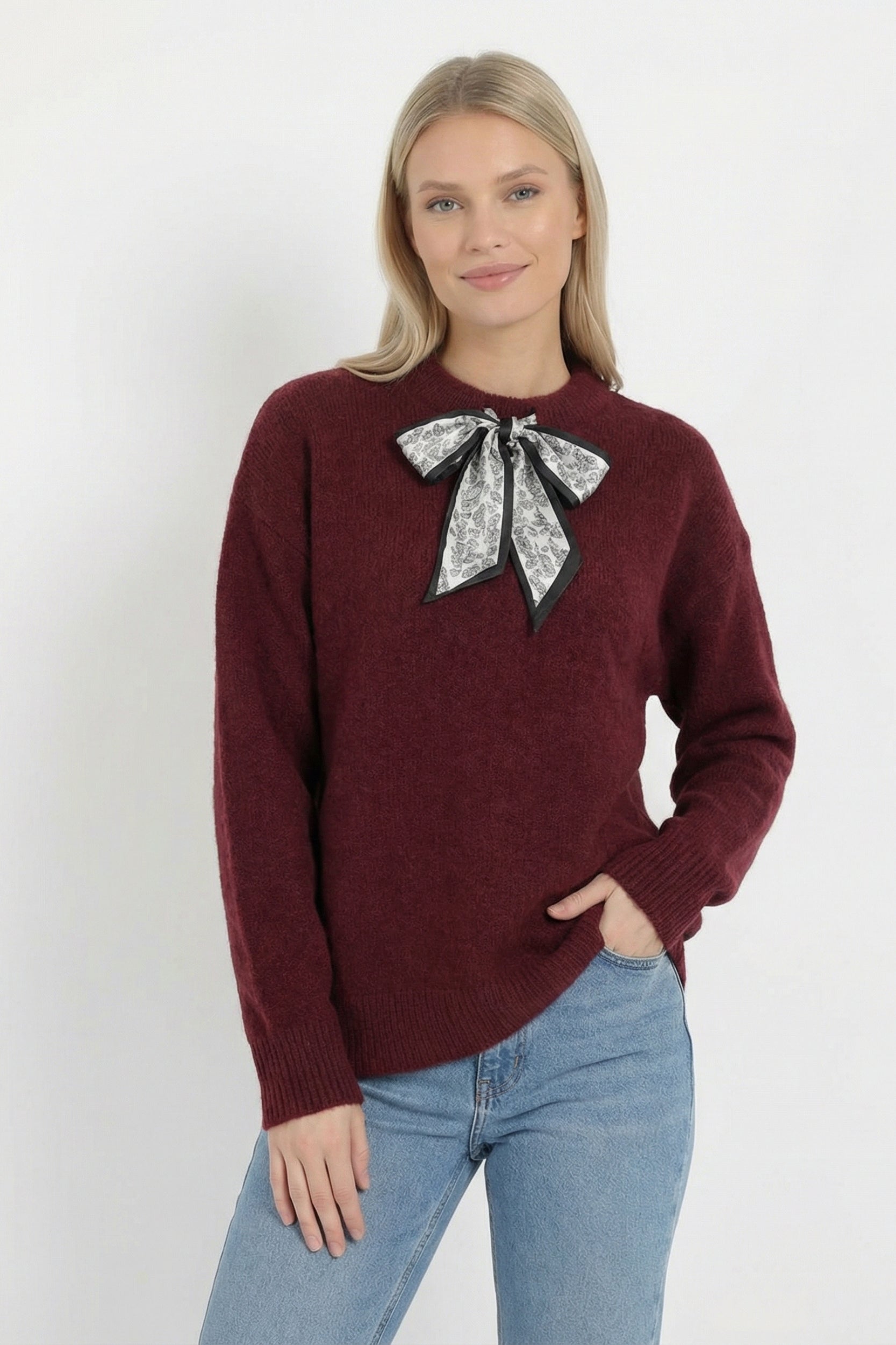 Soft Knit Round Neck Top with Scarf