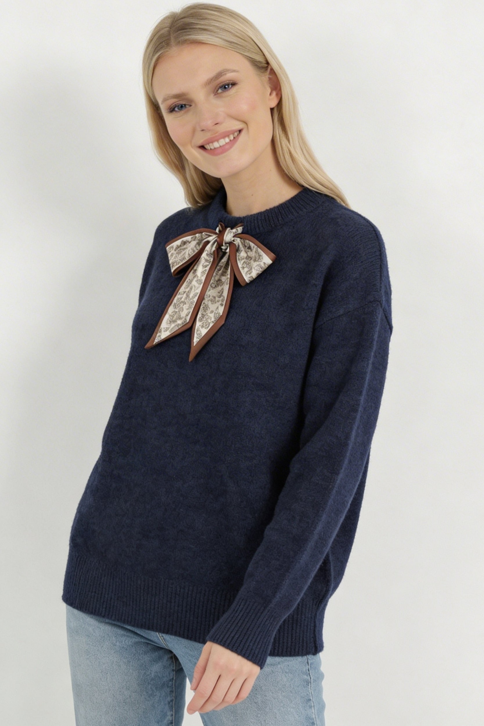 Soft Knit Round Neck Top with Scarf