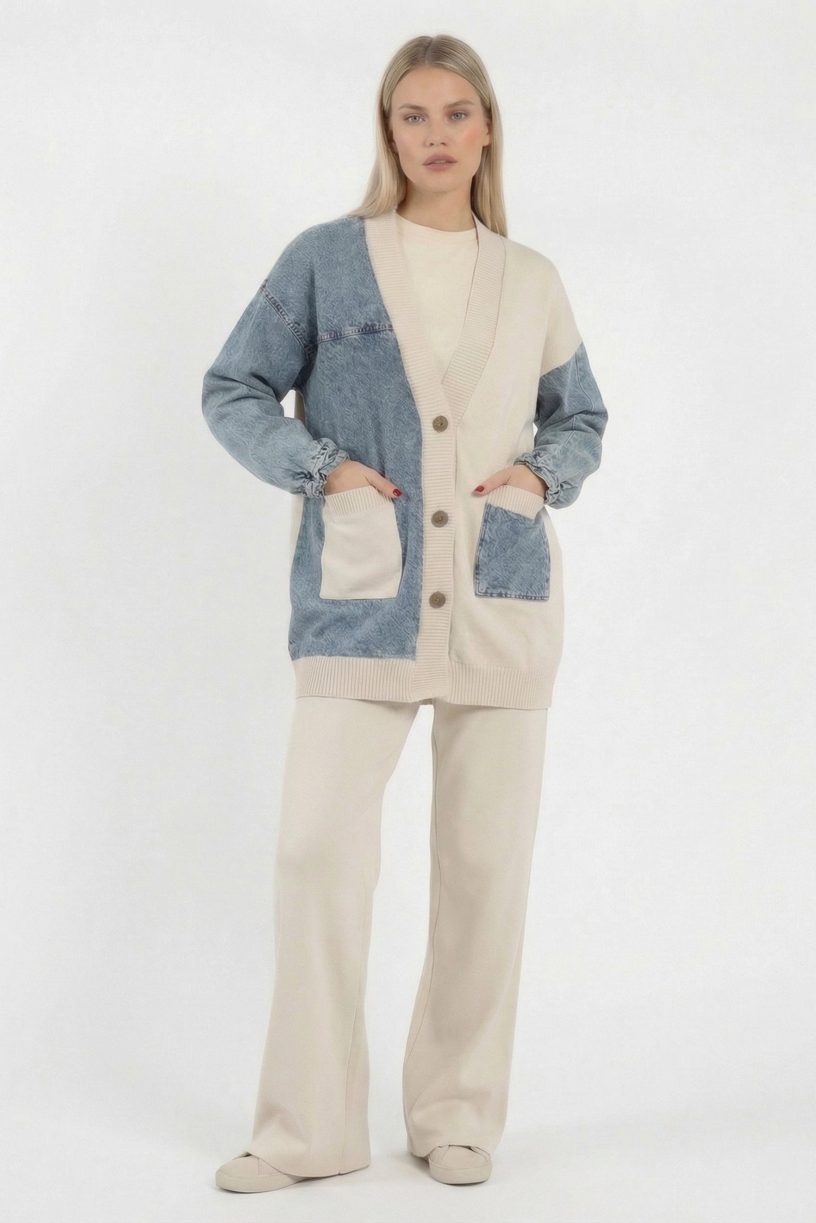 Denim Patch Knit Set – Beige