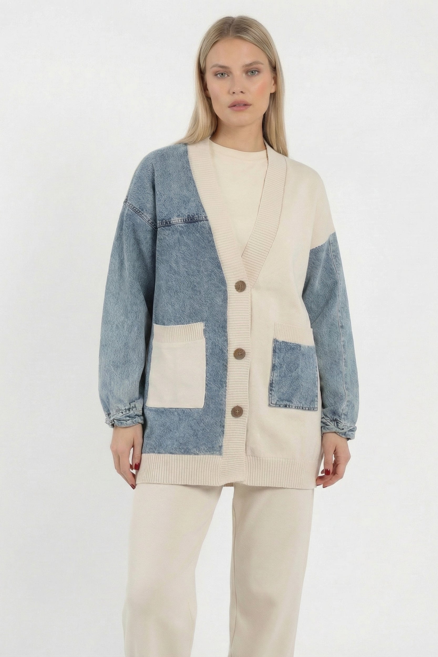 Denim Patch Knit Set – Beige