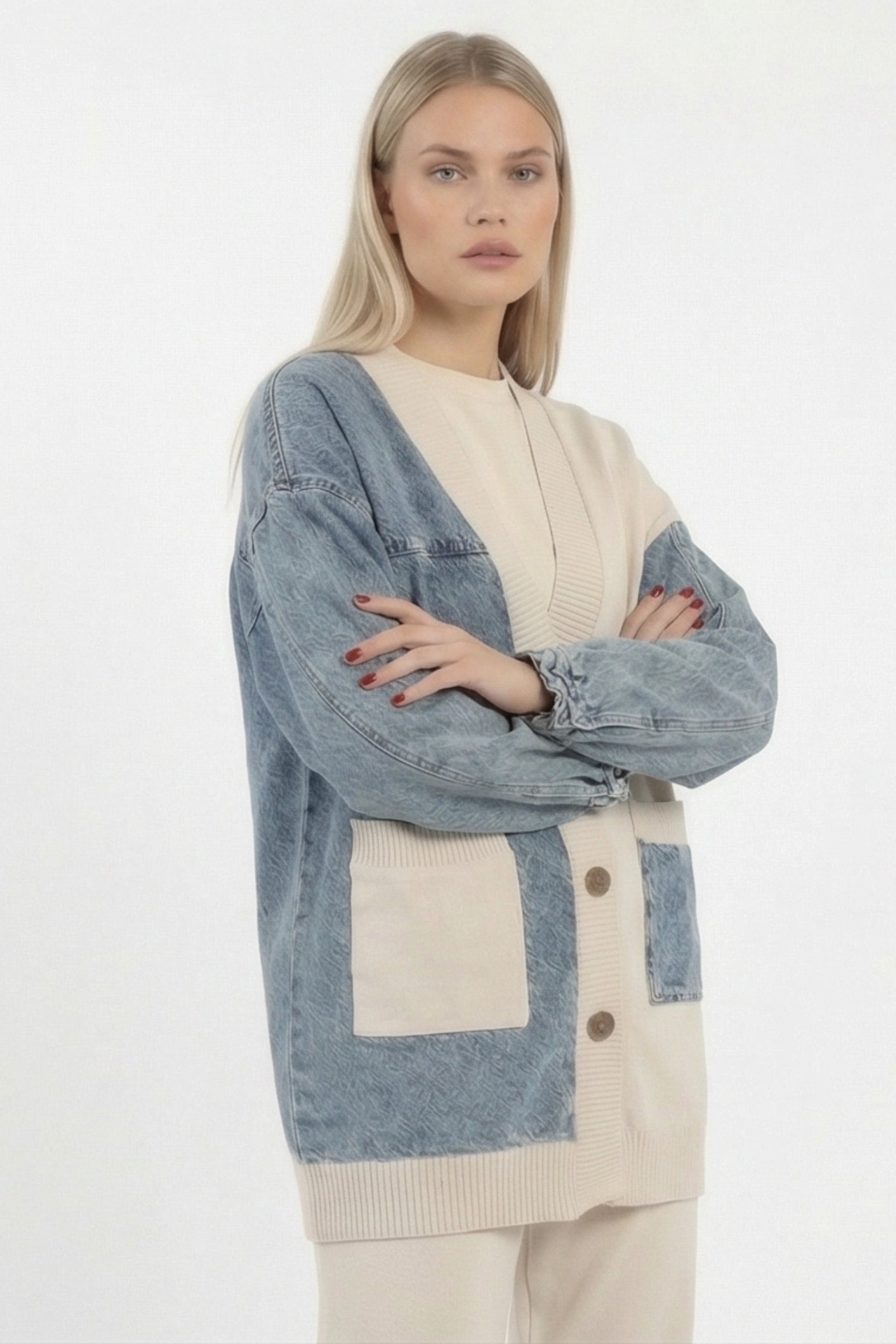Denim Patch Knit Set – Beige