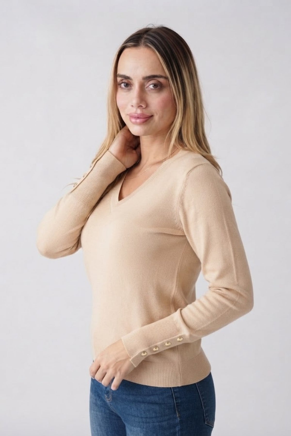 V Neck Button Detail Knit Top