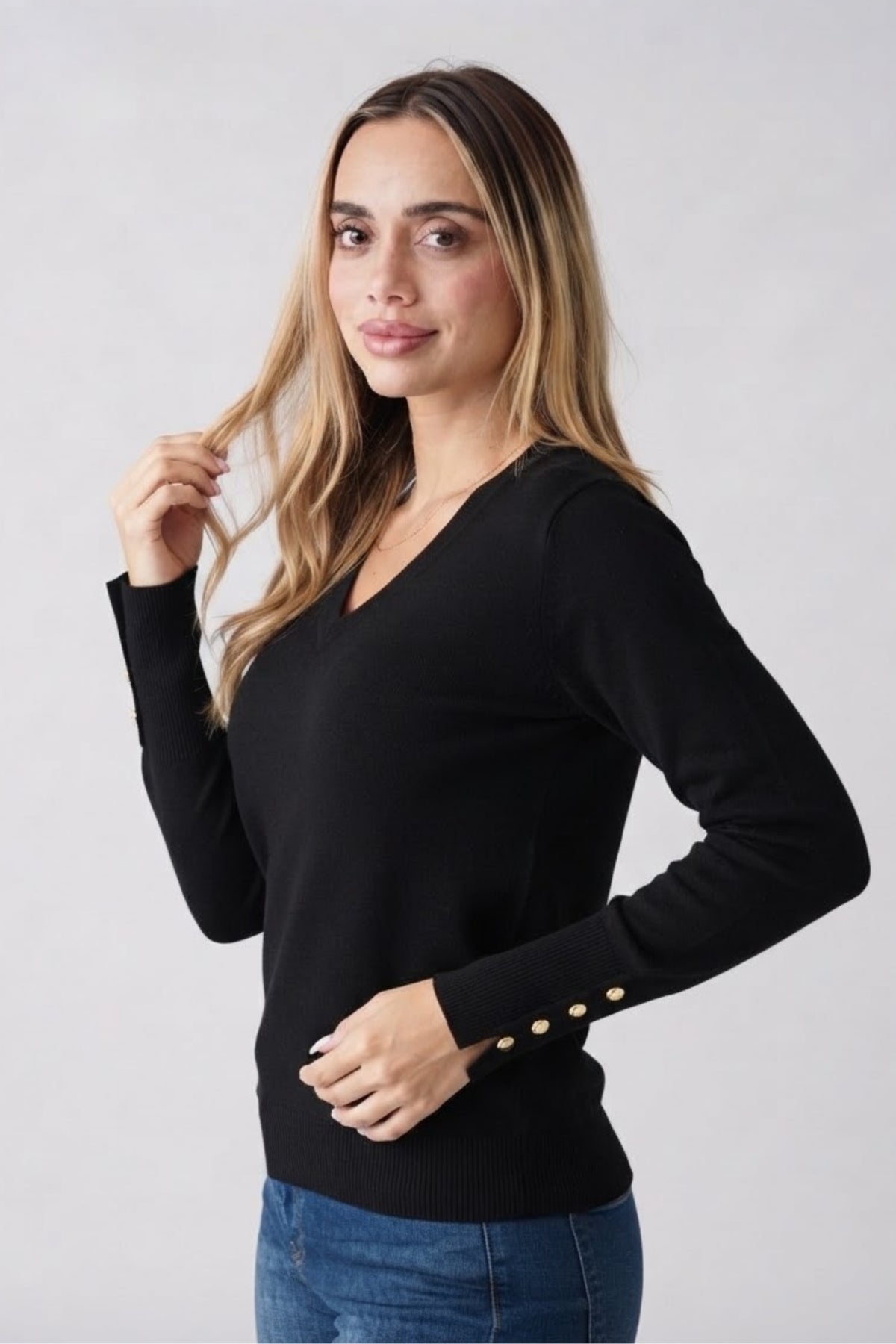 V Neck Button Detail Knit Top