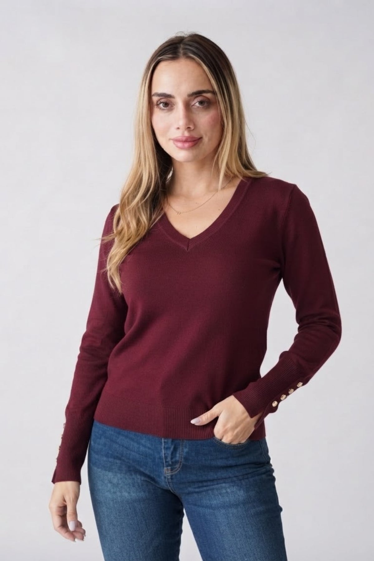 V Neck Button Detail Knit Top
