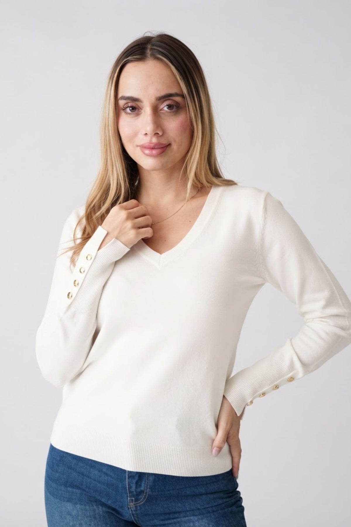 V Neck Button Detail Knit Top