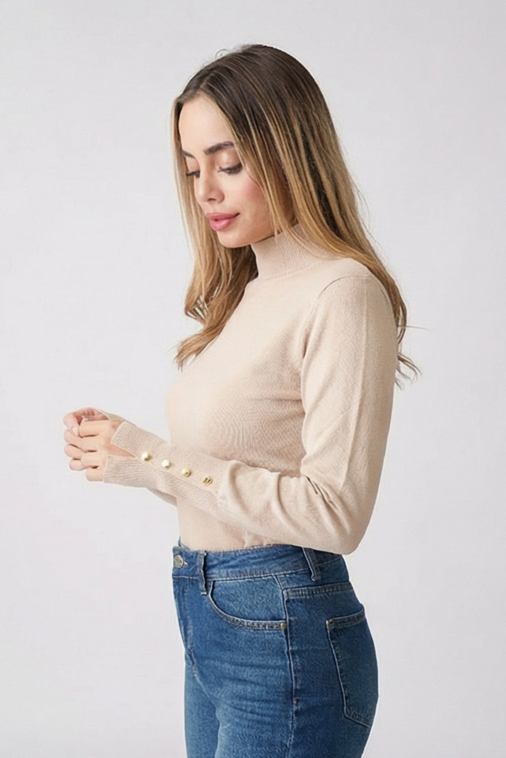 High Neck Button Detail Knit Top – Mocha