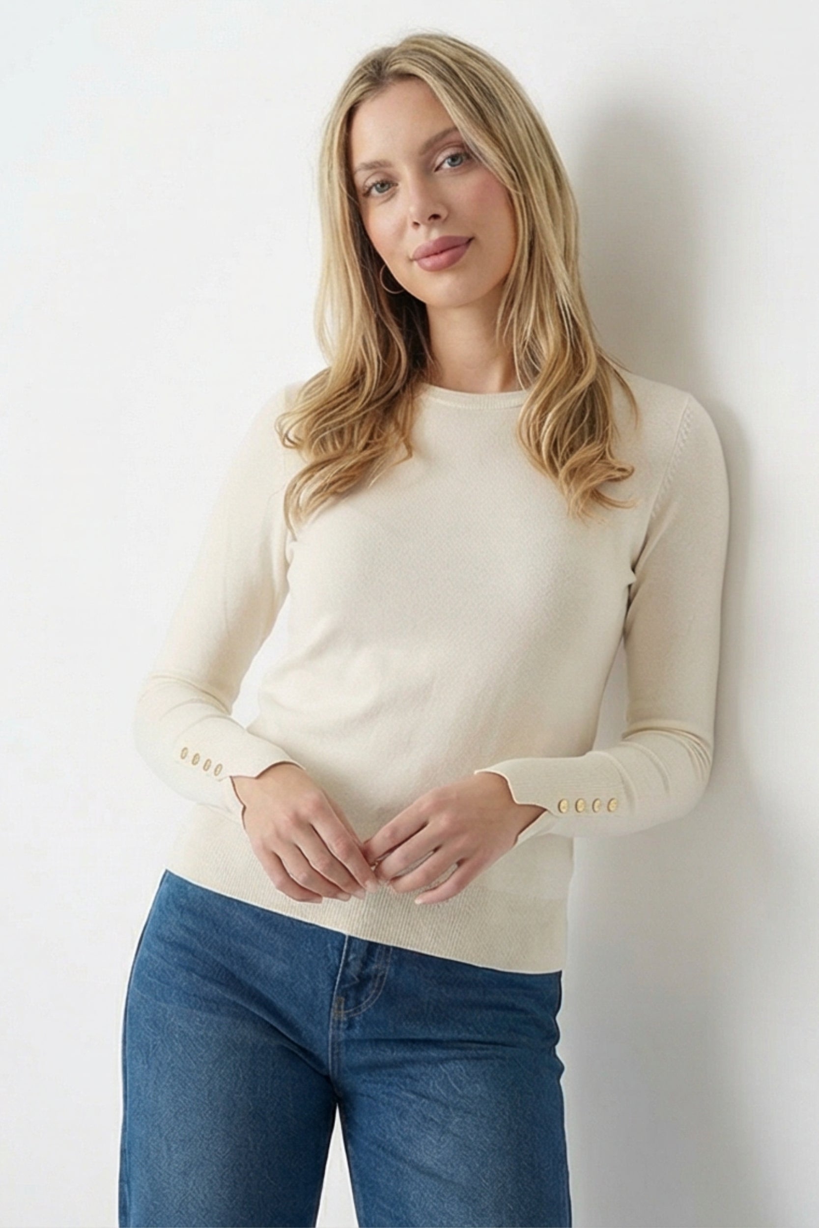 Round Neck Button Detail Knit Top