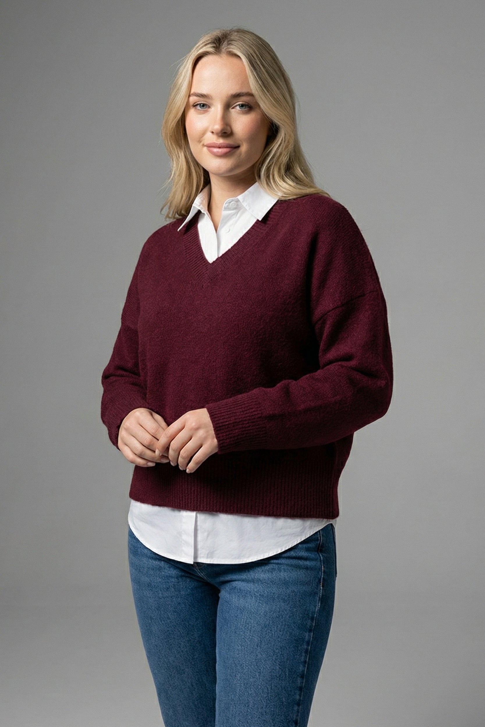 Soft Brushed Knit Sweater V Neck