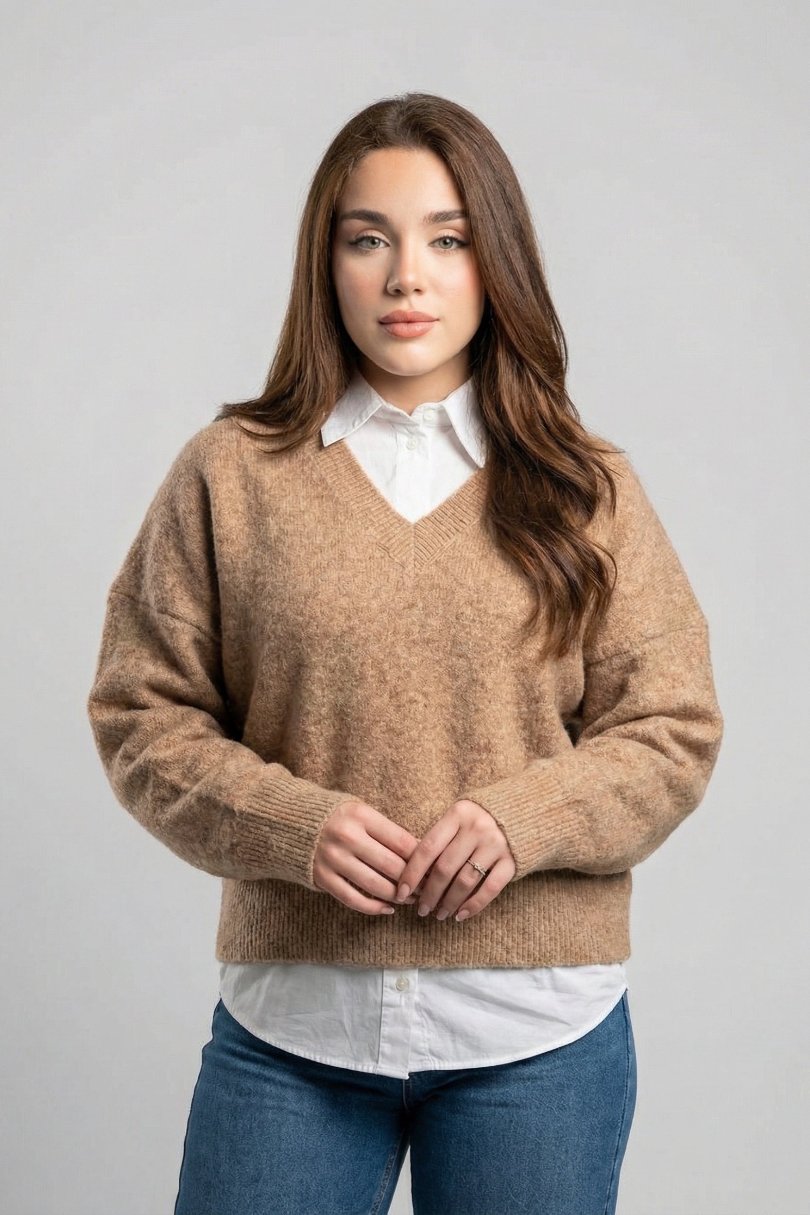 Soft Brushed Knit Sweater V Neck