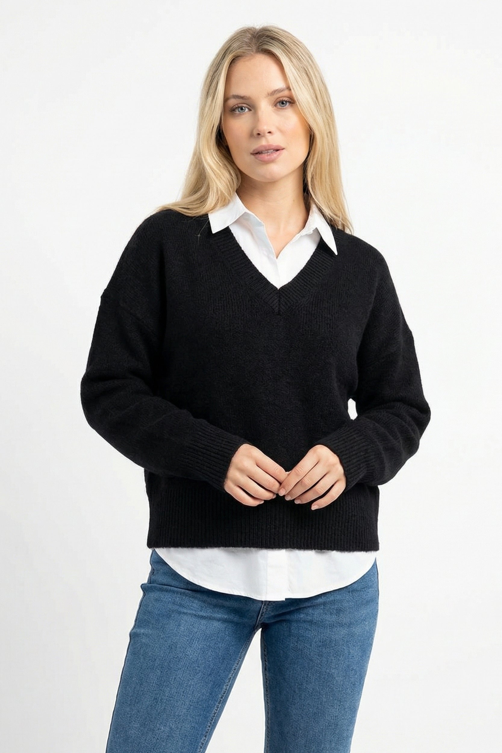 Soft Brushed Knit Sweater V Neck